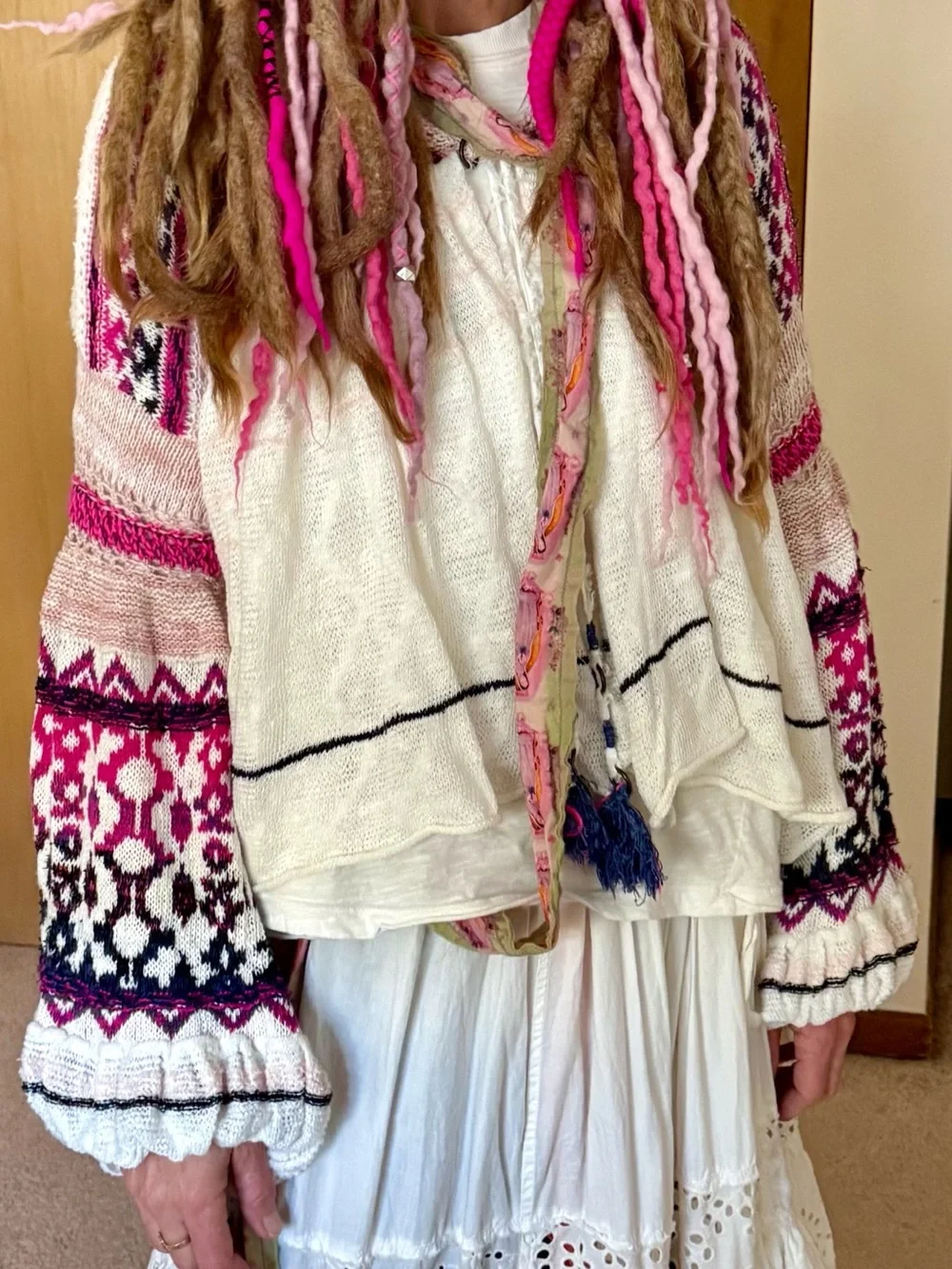 Free People Knit & Crochet Cardi S White, Pink, Purple Bubble Sleeves⭐️Like New